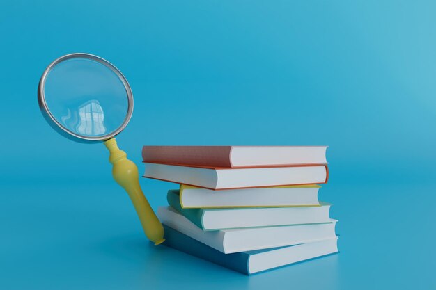 A stack of books and a magnifying glass in which the window is reflected on a blue background