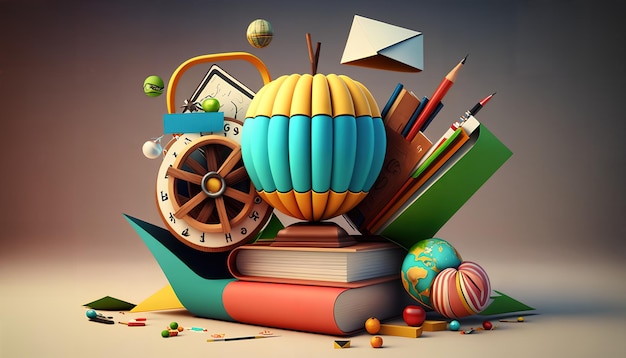 A stack of books and objects with a blue and yellow ball and a pencil.