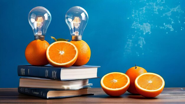 A stack of books oranges and white energy saving incandescent light bulbs lie on the table