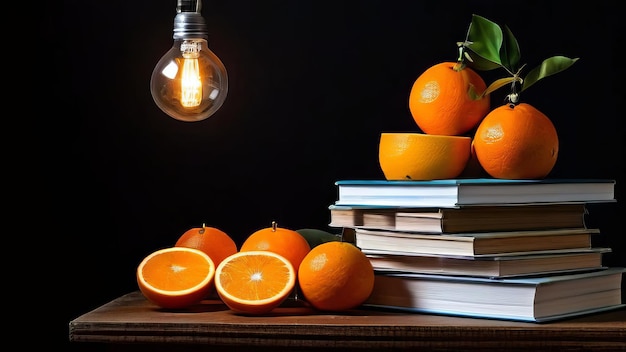 A stack of books oranges and white energy saving incandescent light bulbs lie on the table