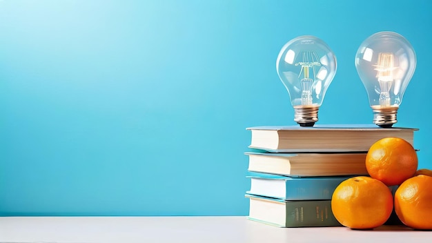 A stack of books oranges and white energy saving incandescent light bulbs lie on the table