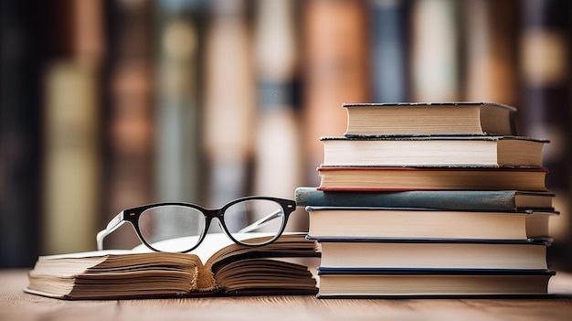 A stack of books and a pair of glasses Blurred background