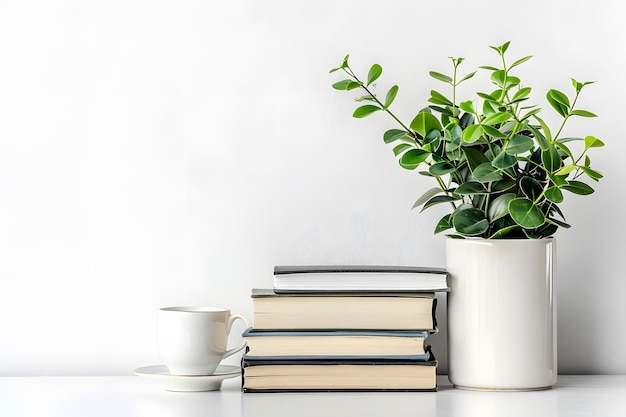 Photo a stack of books and a plant on a table