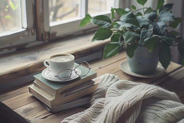 Stack of books reading glasses and a cup of coffee on a wooden table in a cozy home