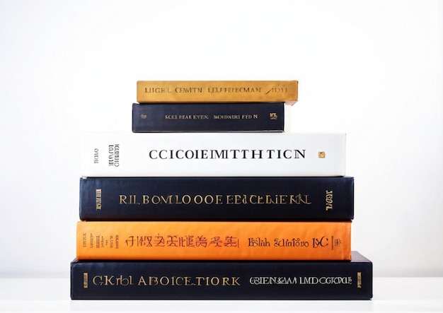 Photo a stack of books on a shelf of the same height but of different thicknesses and colors