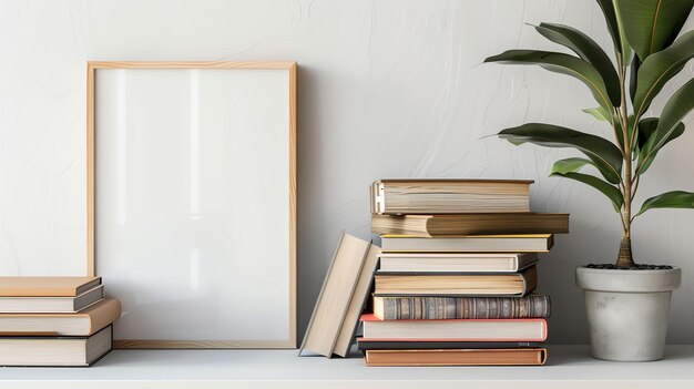 Photo a stack of books on a shelf with a picture frame that says the shadow