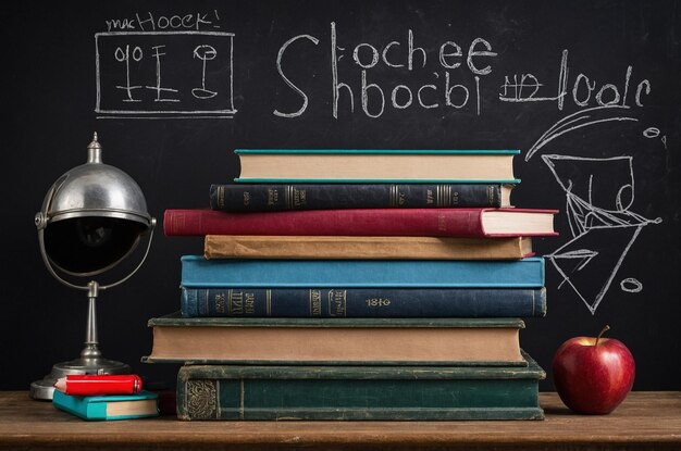 Photo a stack of books and stationery on the background of the school board