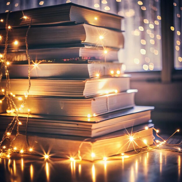 Photo a stack of books surrounded by lanterns garlands the concept of comfort and warmth