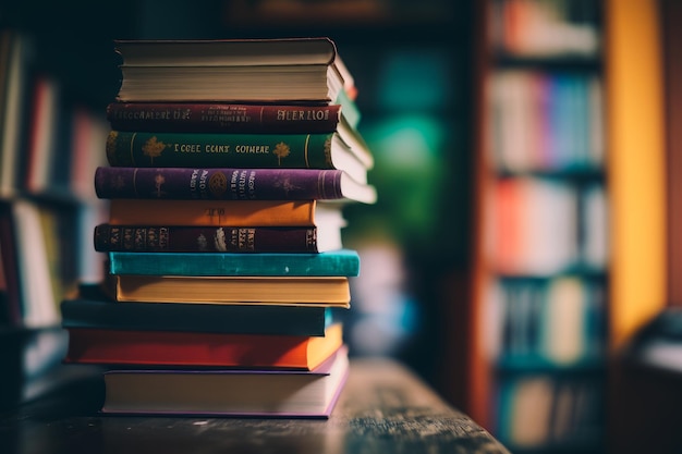 Stack of books on table in front of bookshelf Generative AI