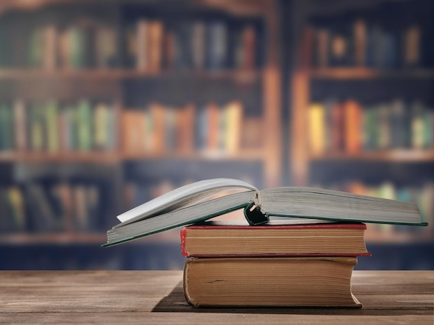 Stack of books on the table in the library