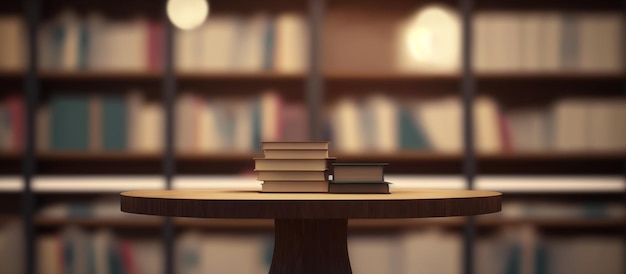 A stack of books on a table in a library