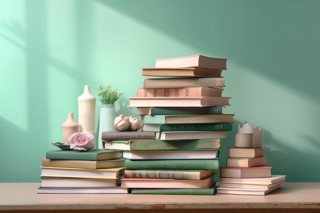 A stack of books on a table with a vase of flowers.