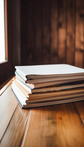 A stack of books on a table with a window behind them