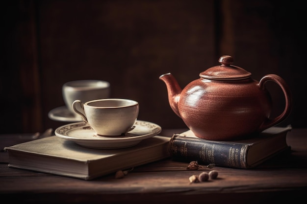 A stack of books and a teapot with a cup of tea on it.