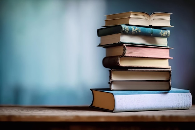 Stack of books on top of wooden table Generative AI