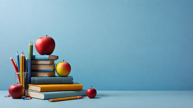 Stack of books with apples and pencils on top of them