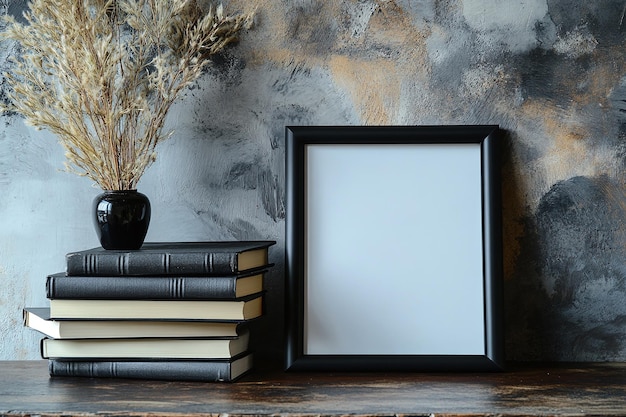 a stack of books with a black frame on the left side