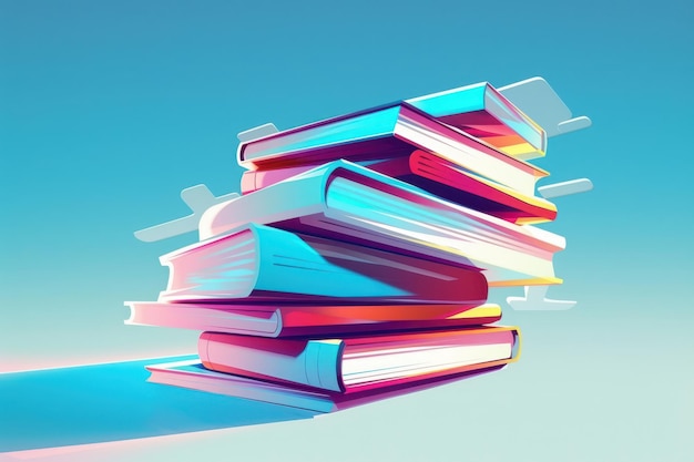 a stack of books with a blue sky and a blue light