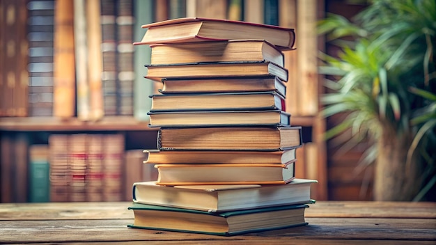 a stack of books with a blurry background of a tree