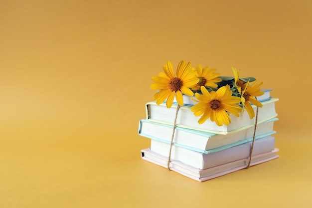 A stack of books with bookmarks from fresh chamomile flowers, the concept of education