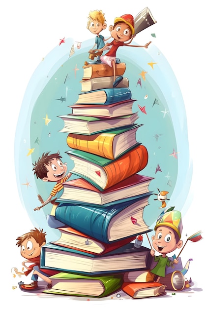 Stack of books with boy and girl standing on top of it Generative AI