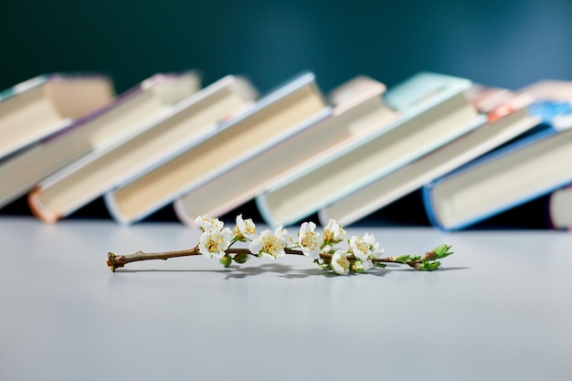 Stack of books with branch flowers World book day