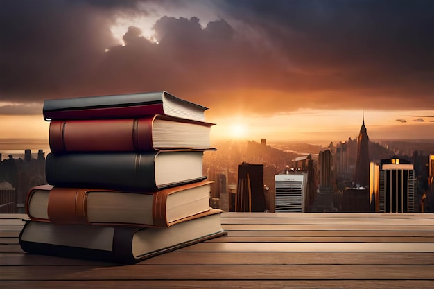 A stack of books with a city in the background