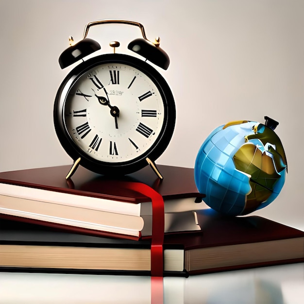 A stack of books with a clock and a clock on it