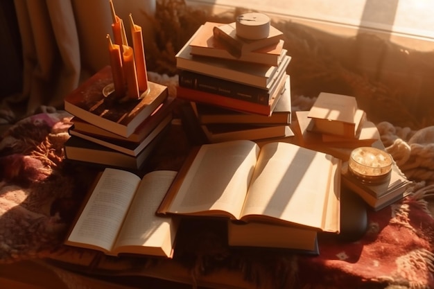 Stack of books with a clock on the top