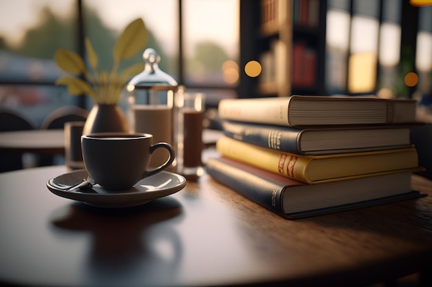 A stack of books with a cup of coffee on the table