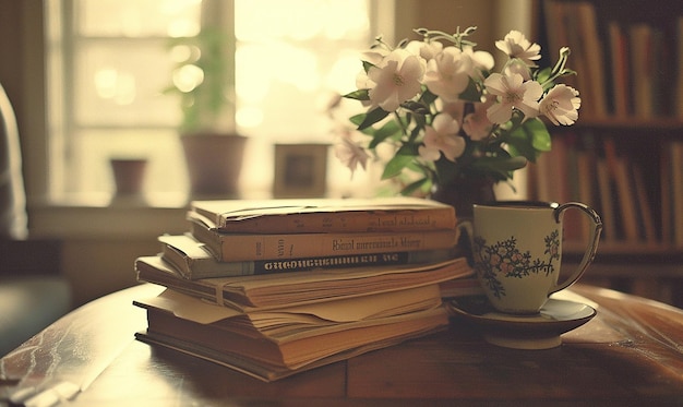 a stack of books with a cup of tea and a book on top of them