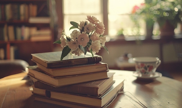 a stack of books with a flower on top of them