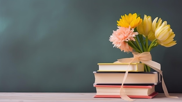 A stack of books with a flower vase Web banner with copy space Generative AI