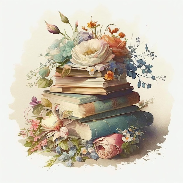 A stack of books with flowers on top of it