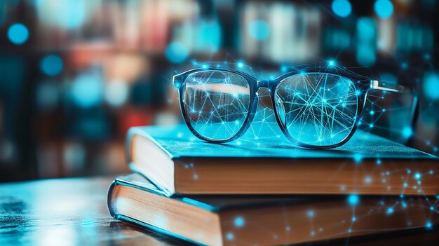 a stack of books with glasses on top of them