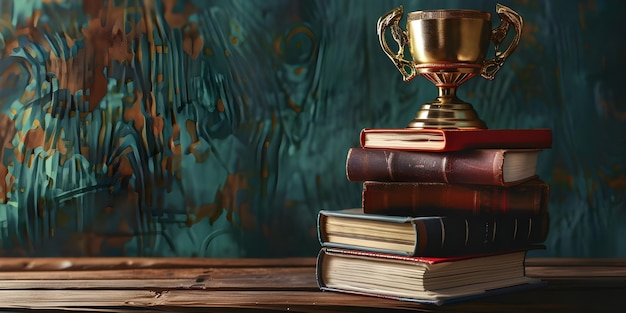 Stack of books with golden cup trophy background Ai Generated