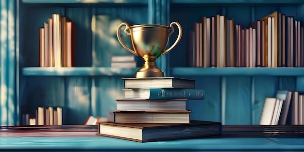 Stack of books with golden cup trophy background Ai Generated