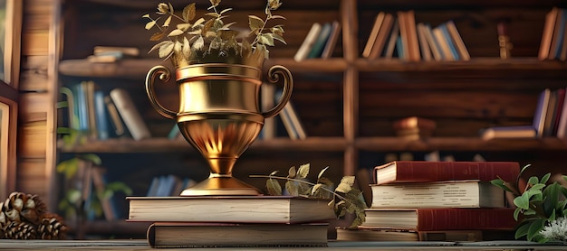 Stack of books with golden cup trophy background Ai Generated