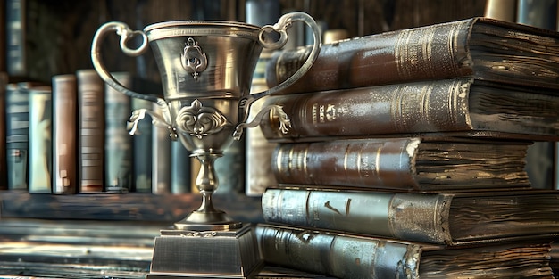 Stack of books with golden cup trophy background Ai Generated