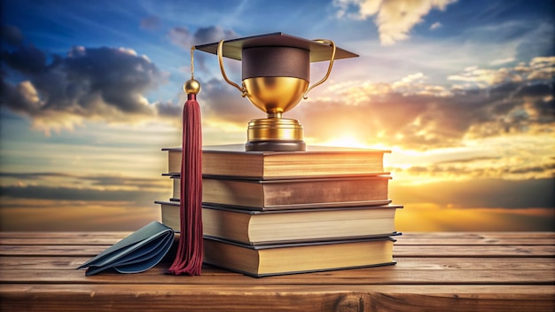 a stack of books with a golden trophy on top of them