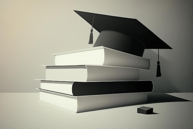 A stack of books with a graduation cap on top of it.