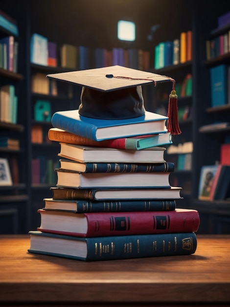 a stack of books with a graduation cap on top of them