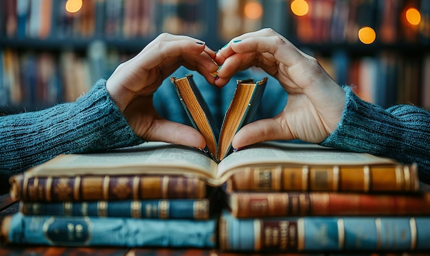 Photo a stack of books with the hands making a heart shape