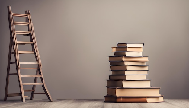 a stack of books with a ladder on the wall and a ladder on the right side