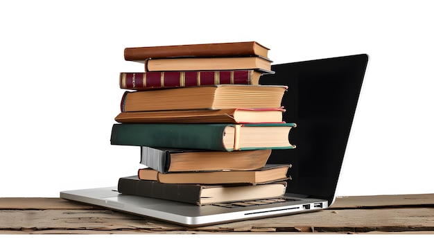 stack of books with laptop on wooden table isolated on white background detailed