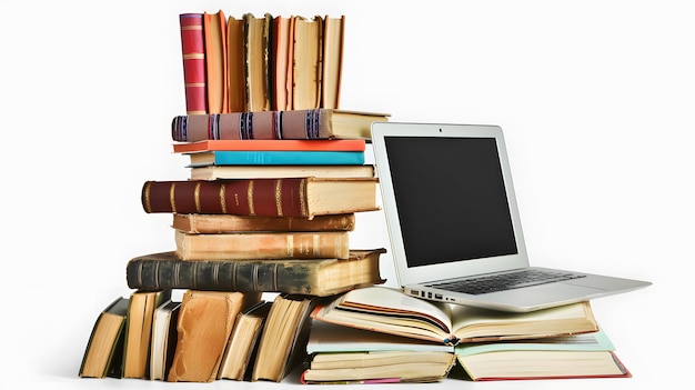 stack of books with laptop on wooden table isolated on white background professional photography