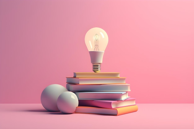 A stack of books with a lightbulb on top of them.