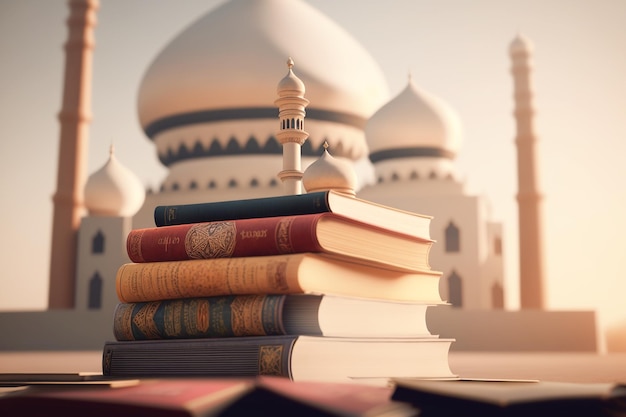 A stack of books with a mosque in the background