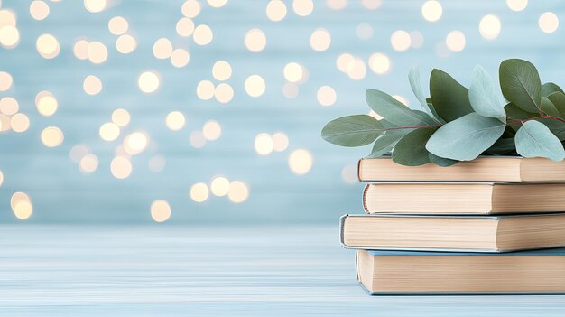 Photo a stack of books with one angled and a plant nearby on a soft blue backdrop creating a tranquil atmosphere for learning and relaxation