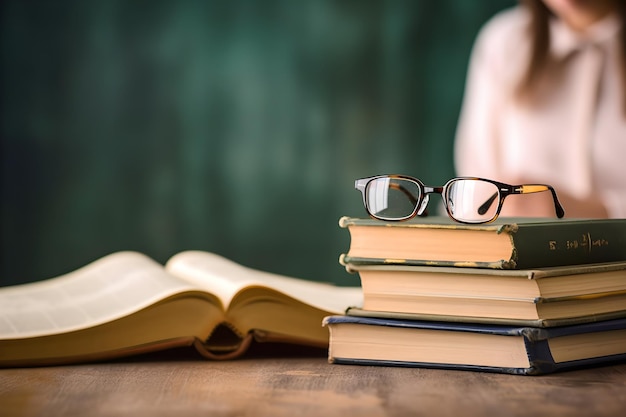 A stack of books with a pair of glasses on top of it.